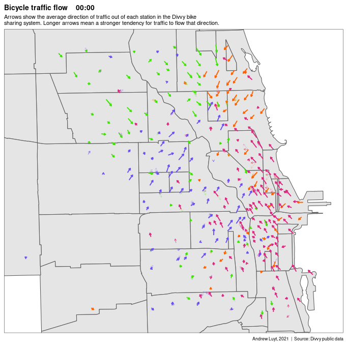Animated map of Chicago showing bicycle traffic
patterns