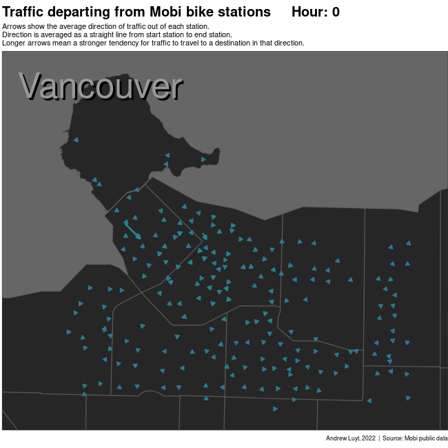 Animated map of Vancouver showing bicycle traffic
patterns
